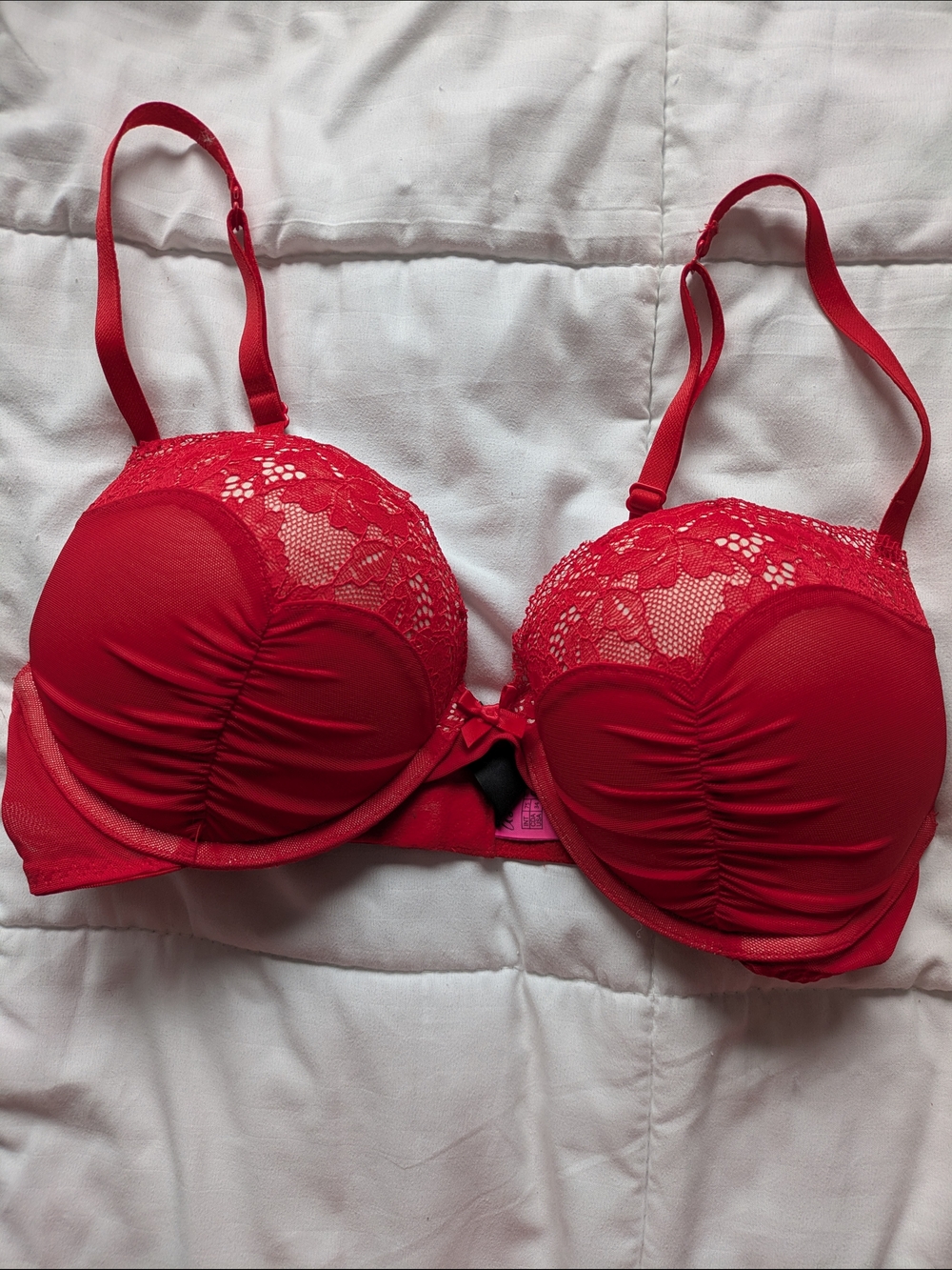 A. Byer Red Lace Push-Up Bra with Ruched Cups